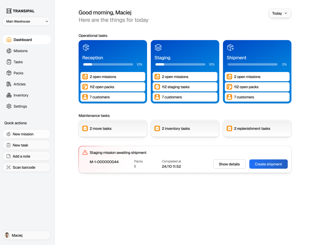 Transipal Warehouse Management System Dashboard