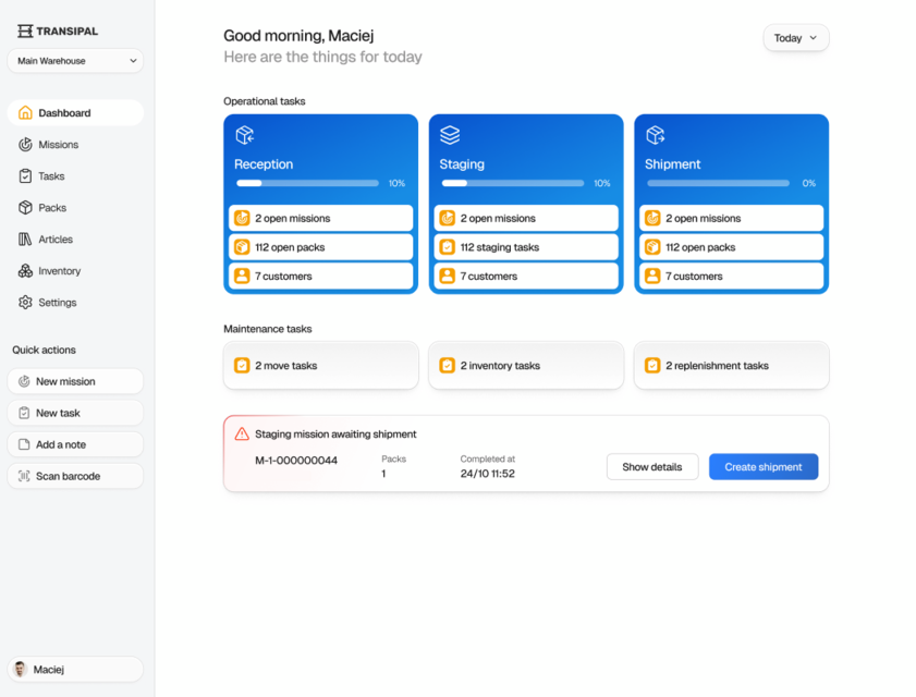 Transipal Warehouse Management System Dashboard